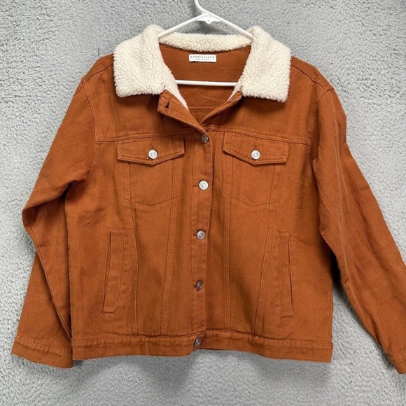 Paper Crane Jackets & Blazers - Paper Crane Jacket Womens‎ Medium Rust Brown Sherpa Collared Hooded Denim Coat
